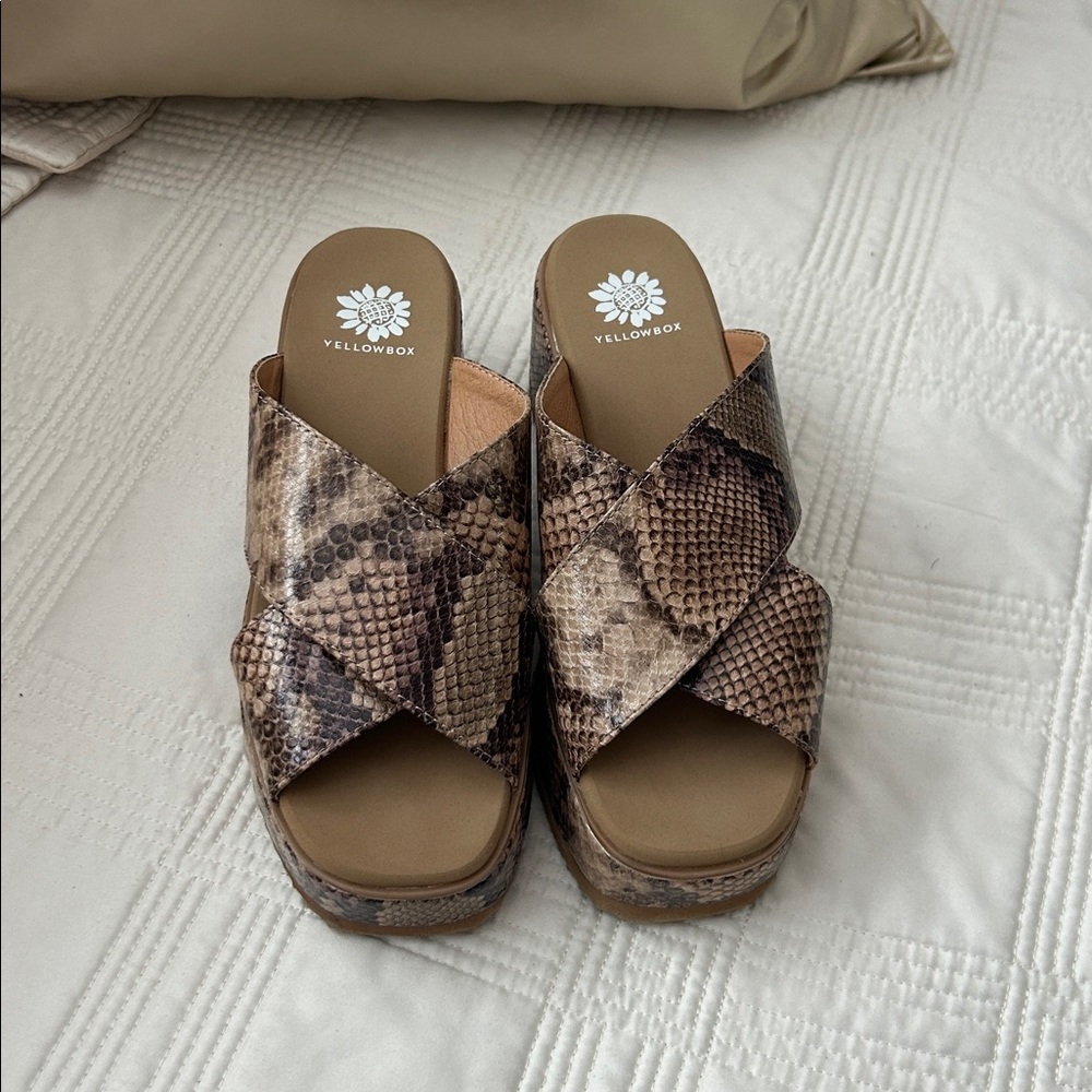 Yellow Box Brown Snakeskin Wedge Sandals